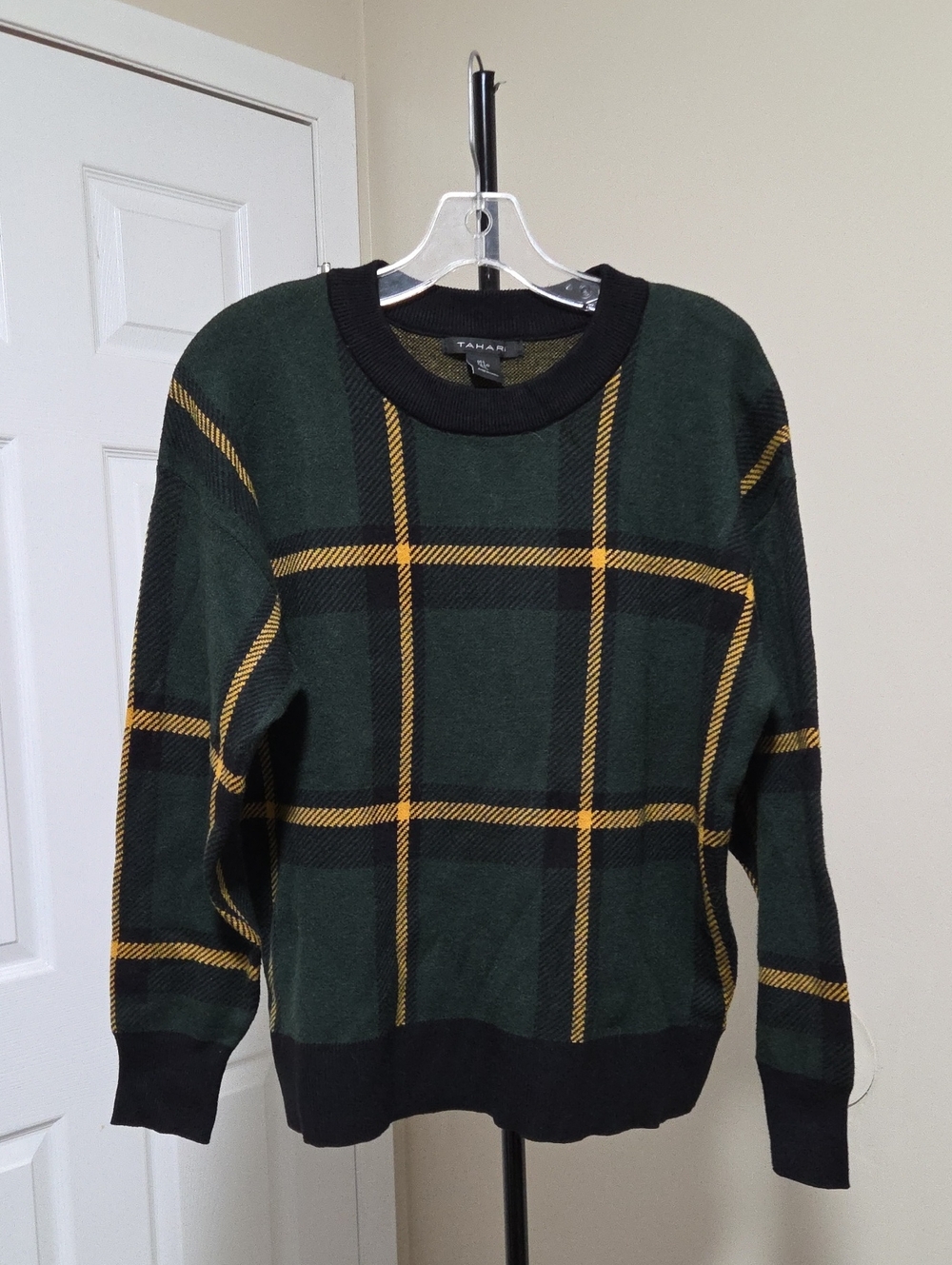Tahari Dark Green and Yellow Plaid Crewneck Sweater